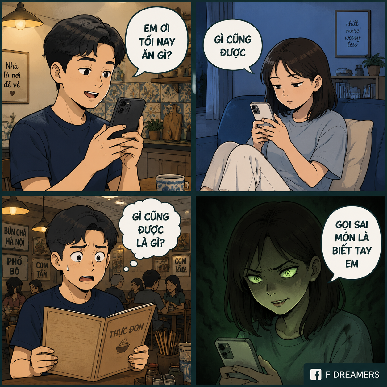 A 4-panel Vietnamese webcomic in the style of F Dreamers, modern Vietnam