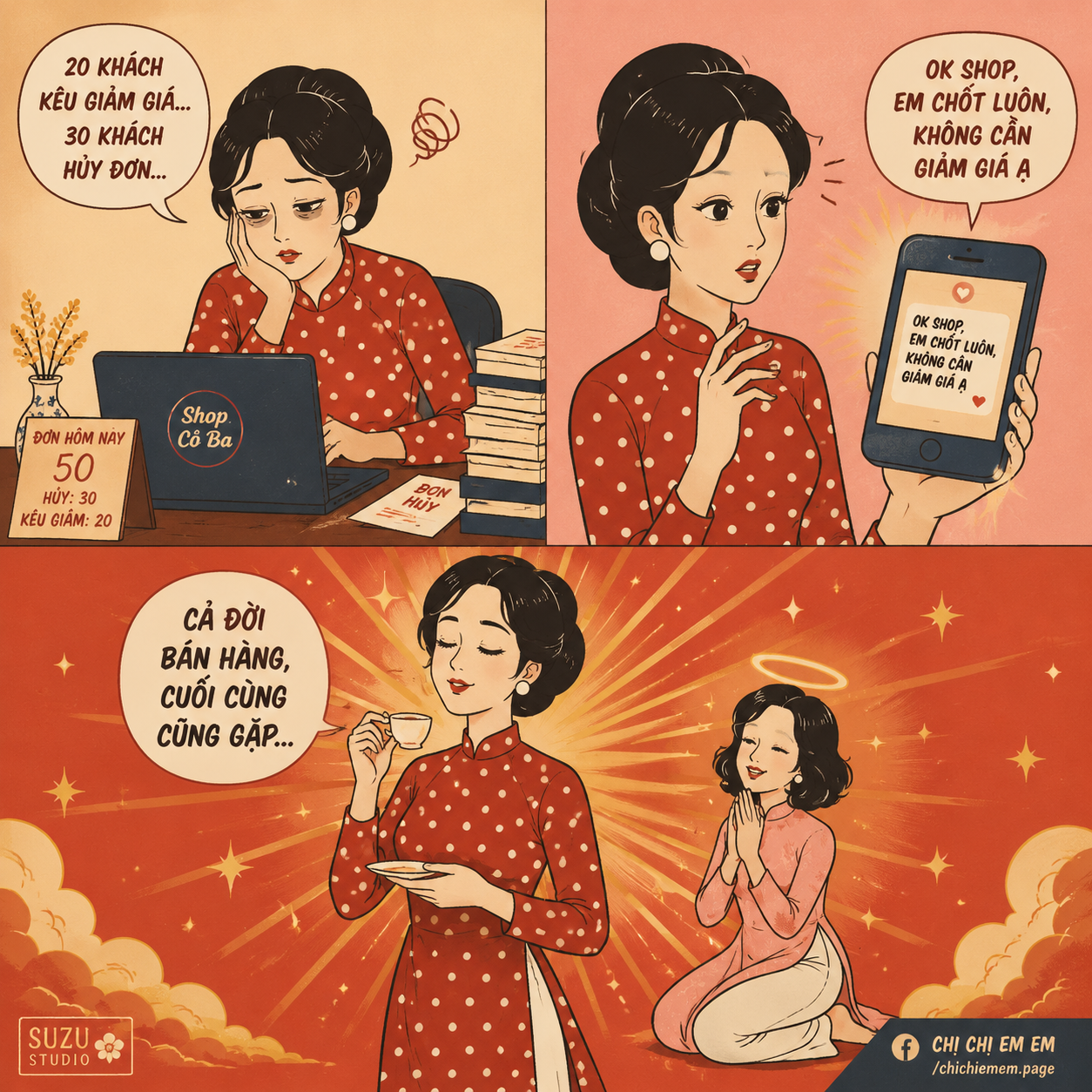 A 3-panel Vietnamese webcomic in the style of SUZU Studio / Chị Chị Em E